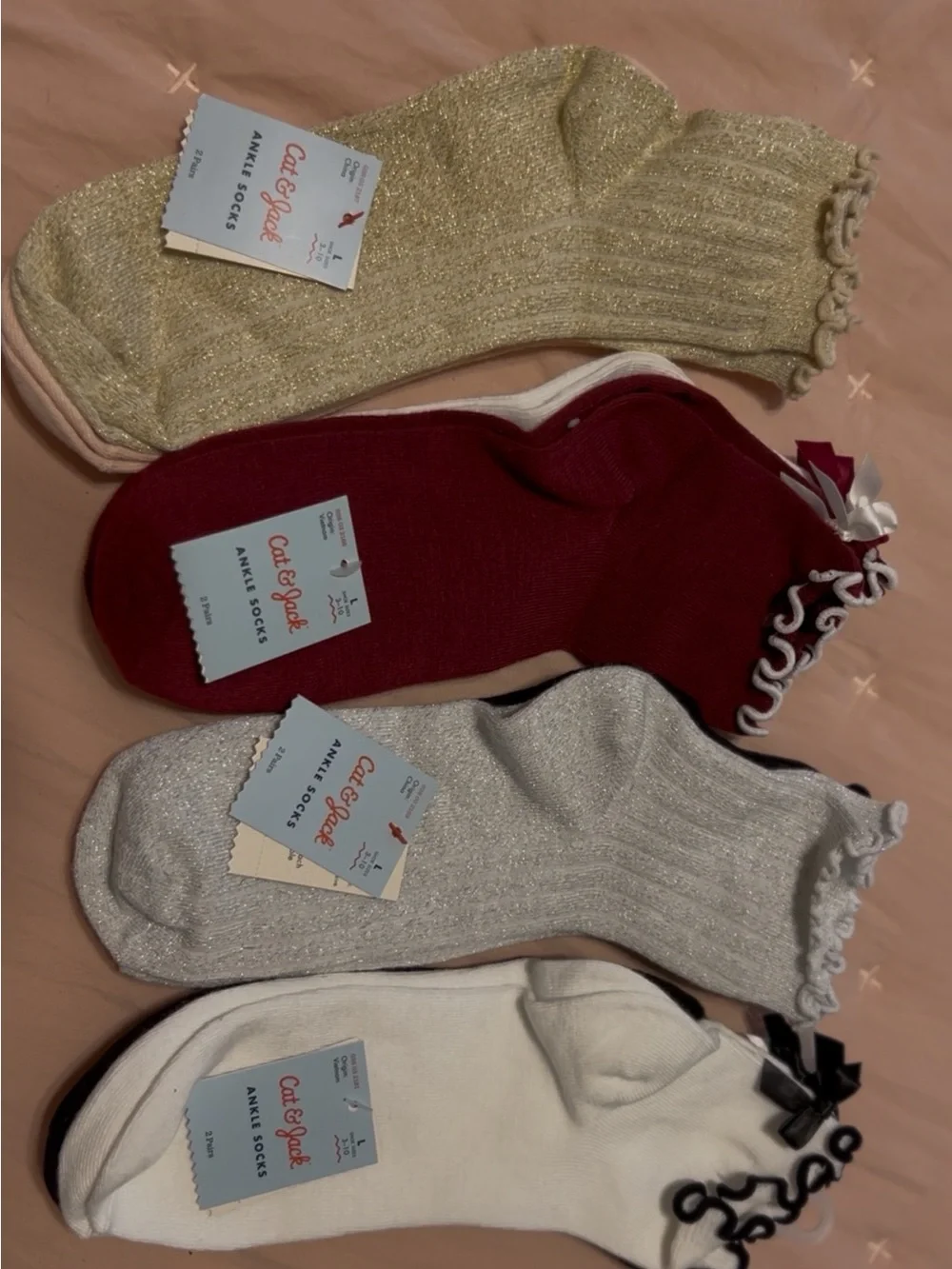 Cat & Jack 4-Pack Ruffle Ankle Socks in Gold, Red, Silver, and White